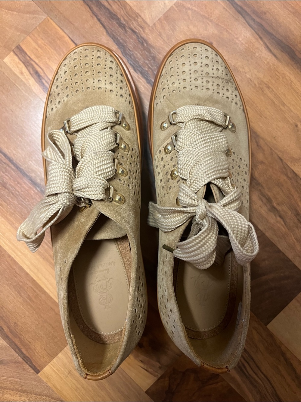 The Office of Angela Scott - Women's Beige Suede Perforated Lace-Up Sneakers